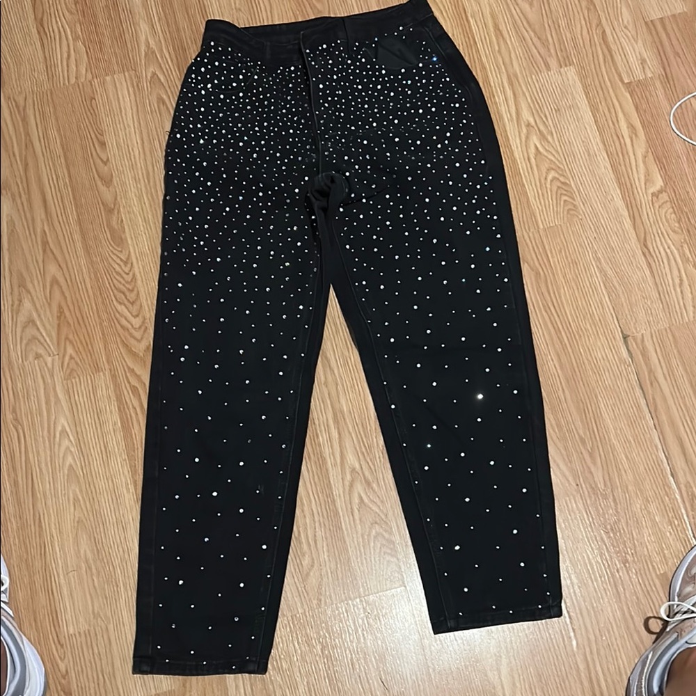 SHEIN Black and Silver Cropped Jeans with Studded Detail